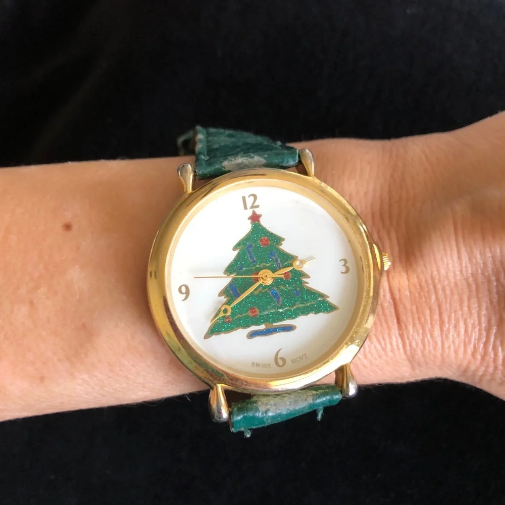Vintage Gold Christmas Tree Watch with Green Strap